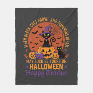 Halloween Teacher Black Cat Pumpkin Luck Fleece Blanket