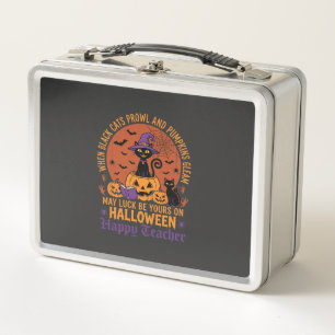 Halloween Teacher Black Cat Pumpkin Luck Metal Lunch Box