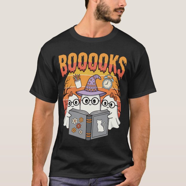 Halloween Teacher BOOOOOKS Ghost Reading T-Shirt (Front)