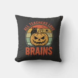 Halloween Teacher Brains Vintage Pumpkin Owl Cushion