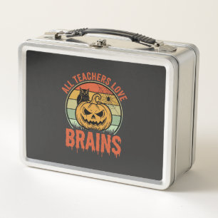 Halloween Teacher Brains Vintage Pumpkin Owl Metal Lunch Box