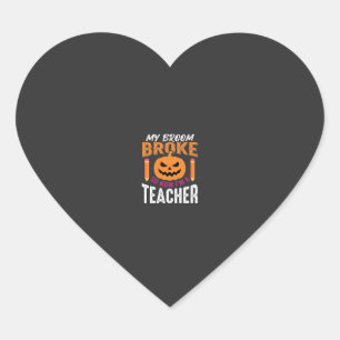 Halloween Teacher Broom Broke Pumpkin Design Heart Sticker