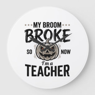 Halloween Teacher Broom Broke Vintage Pumpkin Desi Large Clock