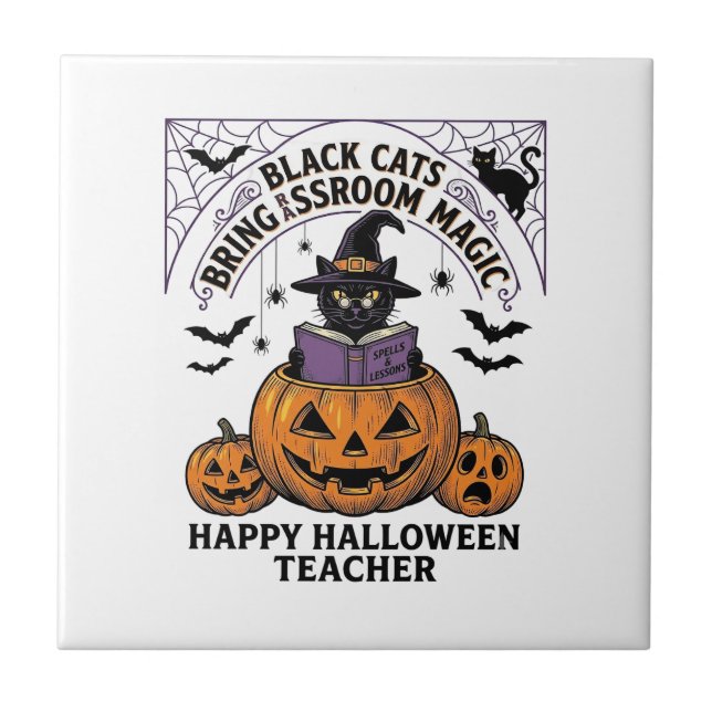 Halloween Teacher Cat Vintage Pumpkin Classroom Ma Tile (Front)