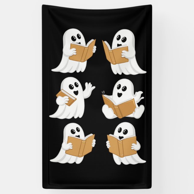 Halloween Teacher Ghost Reading Books Librarian Banner (Vertical)