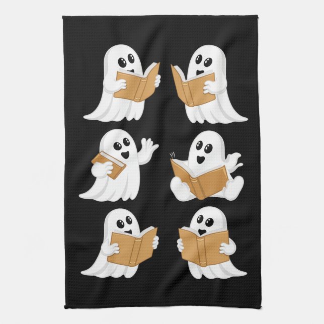 Halloween Teacher Ghost Reading Books Librarian Tea Towel (Vertical)