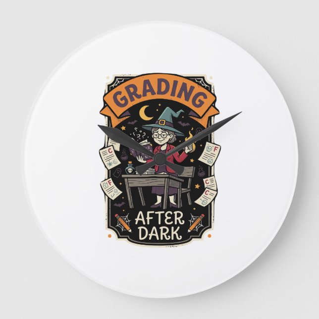 Halloween Teacher Grading After Dark Large Clock (Front)