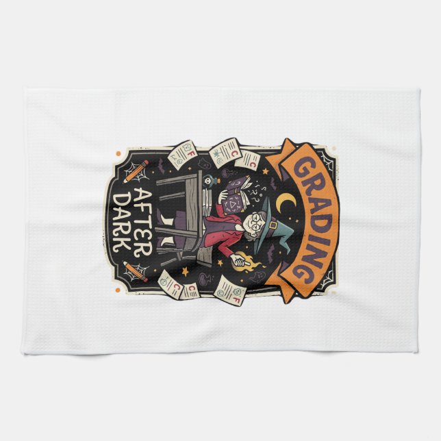 Halloween Teacher Grading After Dark Tea Towel (Horizontal)
