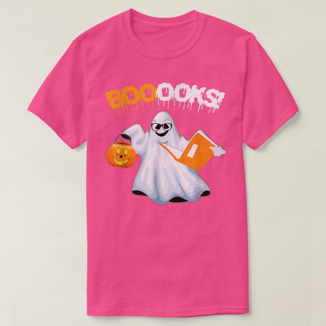 Halloween Teacher Librarian Books Reading Ghost Pu T-Shirt (Design Front)