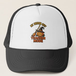 Halloween Teacher Shirt Funny Broom Trouble Design Trucker Hat