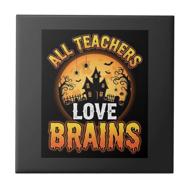 Halloween Teacher Zombie Brains Horror Moon Design Tile (Front)