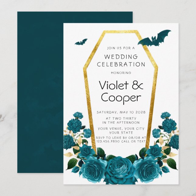 Halloween Teal Florals Gold Coffin Floral Wedding Invitation (Front/Back)