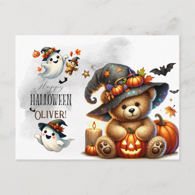 Halloween Teddy Bear Wizard Holiday Postcard (Front)