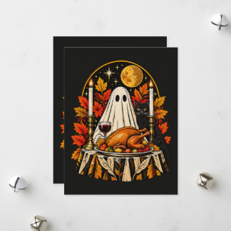 Halloween Thanksgiving Cat and Ghost Turkey Holiday Card