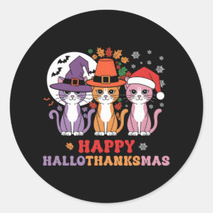 Halloween Thanksgiving Christmas Cats Happy Hallot Classic Round Sticker