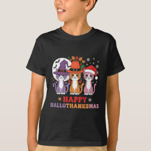 Halloween Thanksgiving Christmas Cats Happy Hallot T-Shirt