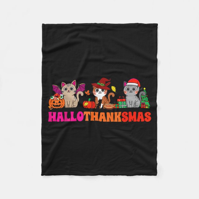 Halloween Thanksgiving Christmas Happy Hallothanks Fleece Blanket (Front)