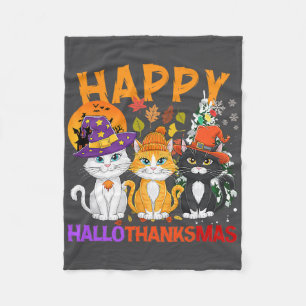 Halloween Thanksgiving Christmas Happy Hallothanks Fleece Blanket