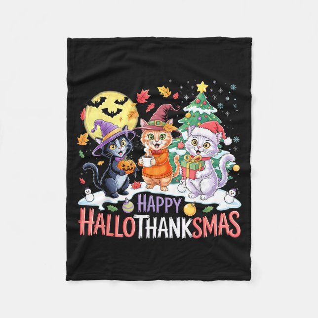 Halloween Thanksgiving Christmas Happy Hallothanks Fleece Blanket (Front)