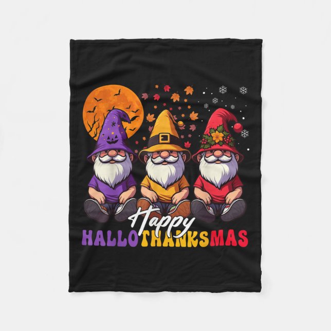 Halloween Thanksgiving Christmas Happy Hallothanks Fleece Blanket (Front)