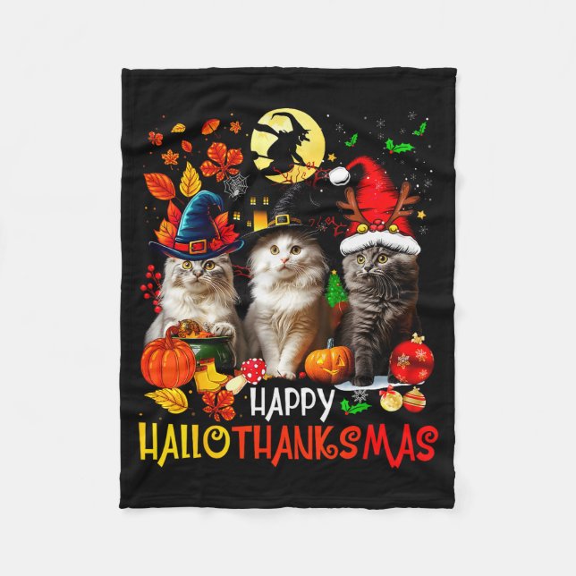 Halloween Thanksgiving Christmas Happy Hallothanks Fleece Blanket (Front)