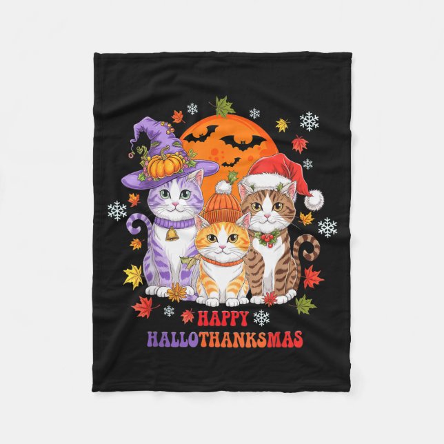 Halloween Thanksgiving Christmas Happy Hallothanks Fleece Blanket (Front)