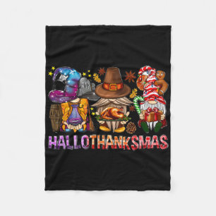 Halloween Thanksgiving Christmas Happy Hallothanks Fleece Blanket