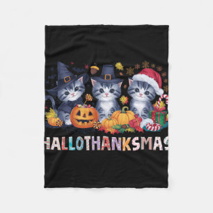 Halloween Thanksgiving Christmas Happy Hallothanks Fleece Blanket