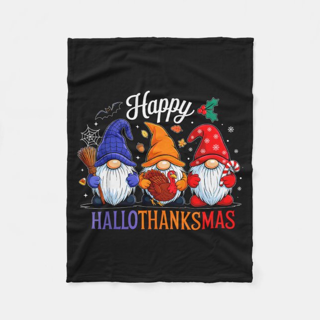 Halloween Thanksgiving Christmas Happy Hallothanks Fleece Blanket (Front)