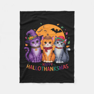 Halloween Thanksgiving Christmas Happy Hallothanks Fleece Blanket