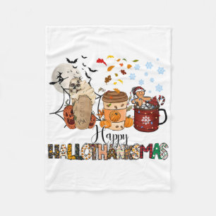 Halloween Thanksgiving Christmas Happy Hallothanks Fleece Blanket
