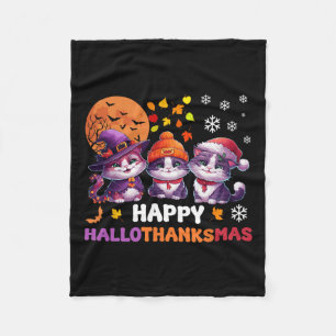 Halloween Thanksgiving Christmas Happy Hallothanks Fleece Blanket