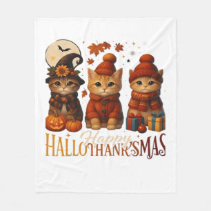 Halloween Thanksgiving Christmas Happy HalloThanks Fleece Blanket