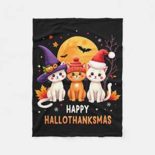 Halloween Thanksgiving Christmas Happy Hallothanks Fleece Blanket
