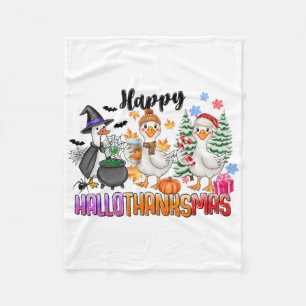 Halloween Thanksgiving Christmas Happy Hallothanks Fleece Blanket