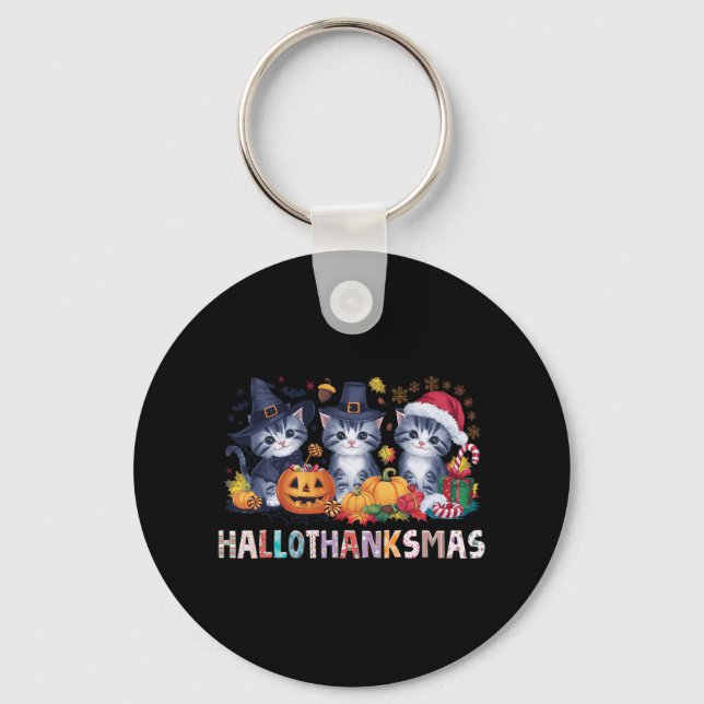 Halloween Thanksgiving Christmas Happy Hallothanks Key Ring (Front)