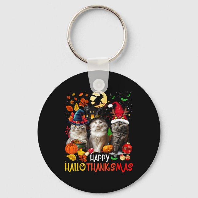 Halloween Thanksgiving Christmas Happy Hallothanks Key Ring (Front)