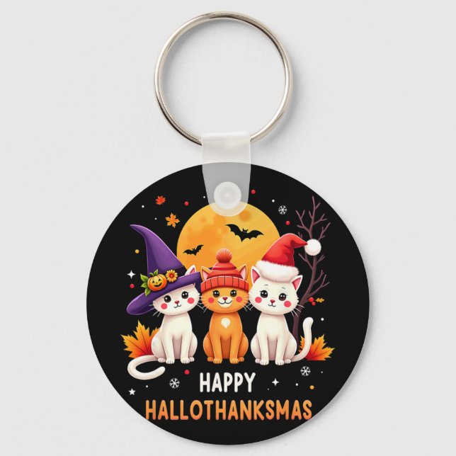 Halloween Thanksgiving Christmas Happy Hallothanks Key Ring (Front)