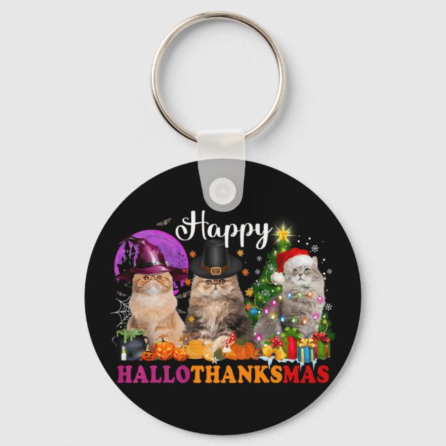 Halloween Thanksgiving Christmas Happy Hallothanks Key Ring (Front)
