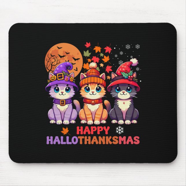 Halloween Thanksgiving Christmas Happy Hallothanks Mouse Pad (Front)