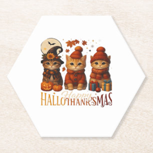 Halloween Thanksgiving Christmas Happy HalloThanks Paper Coaster