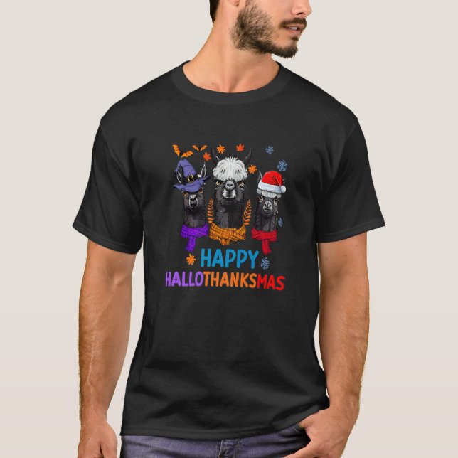 Halloween Thanksgiving Christmas Happy Hallothanks T-Shirt (Front)