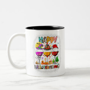 Halloween Thanksgiving Christmas Happy Hallothanks Two-Tone Coffee Mug