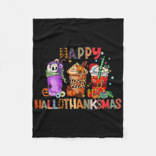 Halloween Thanksgiving Happy Hallothanksmas Coffee Fleece Blanket