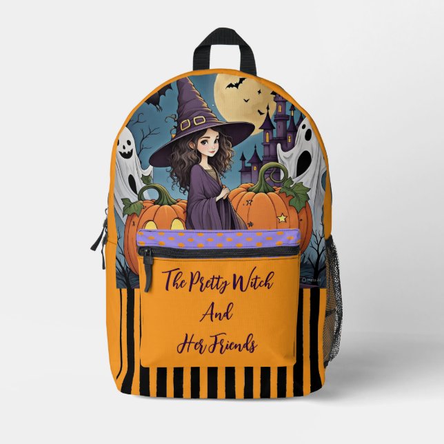 Halloween, The Pretty Witch and Her Friends Printe Printed Backpack (Front)