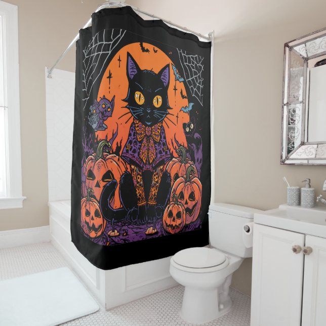  Halloween,The Pumpkin Patch Prowler ,Black Cat Shower Curtain (In Situ)