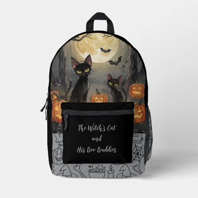 Halloween,The Witch's Cat and His Boo Buddies Printed Backpack (Front)