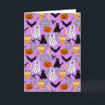 Halloween Theme Collage Toss Pattern Purple Card<br><div class="desc">This whimsical Halloween toss pattern is made mostly in orange and black on a light purple background. It includes white ghosts, black cats and bats, orange pumpkins and light-orange owls. It's a cute cartoon design to help you celebrate at your spooky party. This design is appropriate for a kids' party...</div>
