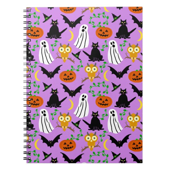 Halloween Theme Collage Toss Pattern Purple Spiral Notebook (Front)