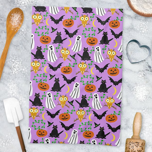 Halloween Theme Collage Toss Pattern Purple Tea Towel (Creator Uploaded)